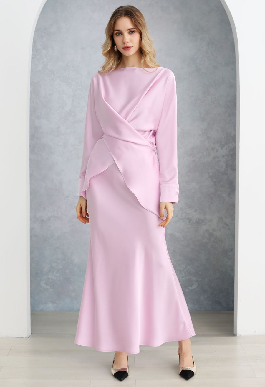 Satin Finish Mermaid Maxi Skirt in Pink
