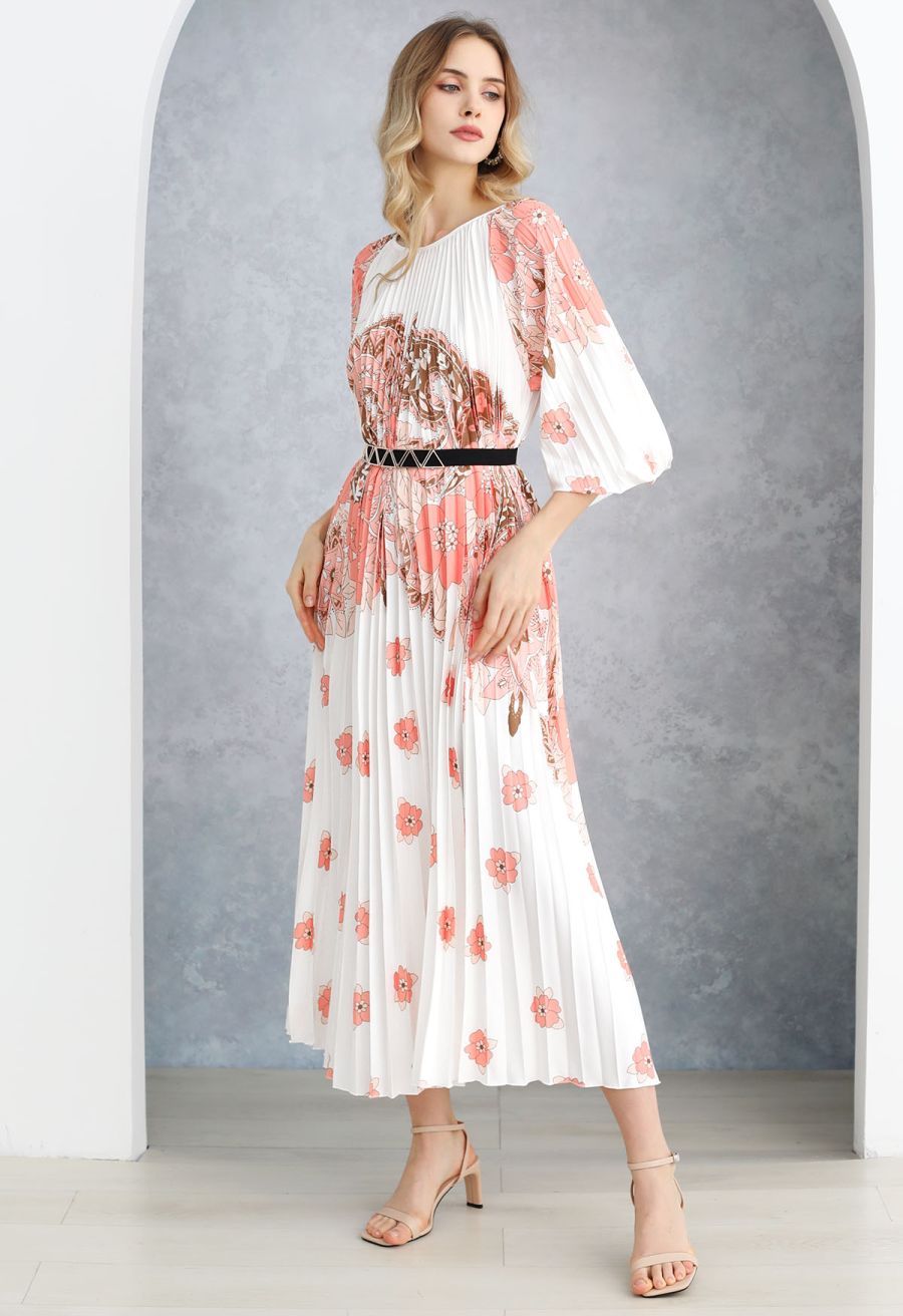Blossoming Day Watercolor Pleated Maxi Dress in Coral