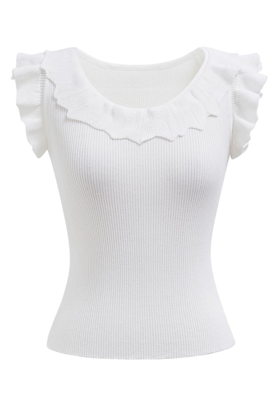 Ethereal Ruffle Sleeveless Knit Top in White