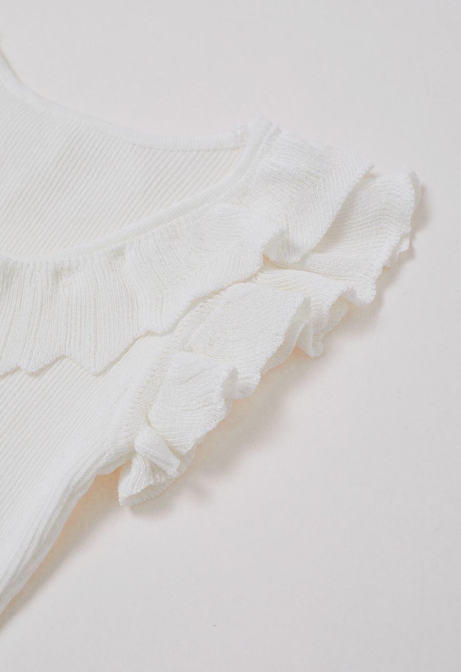 Ethereal Ruffle Sleeveless Knit Top in White
