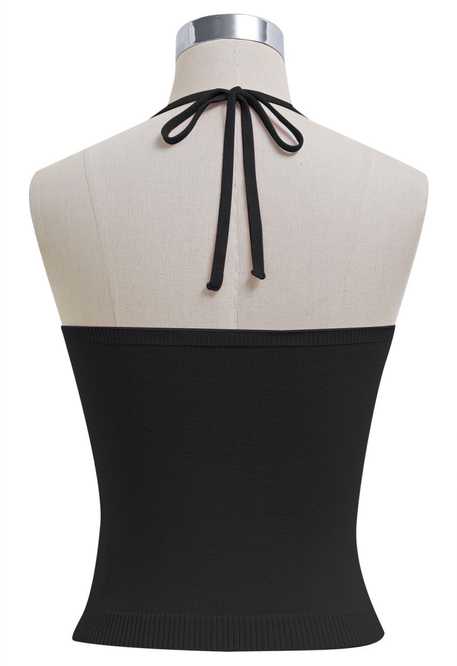 Pintuck Detail Halter Knit Top in Black