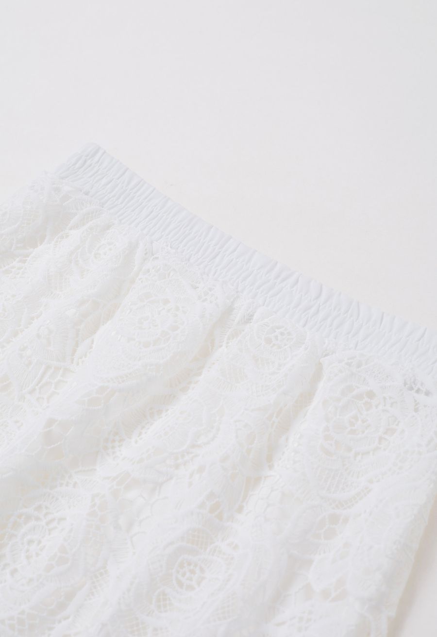 Exquisite Rose Cutwork Lace Maxi Skirt in White