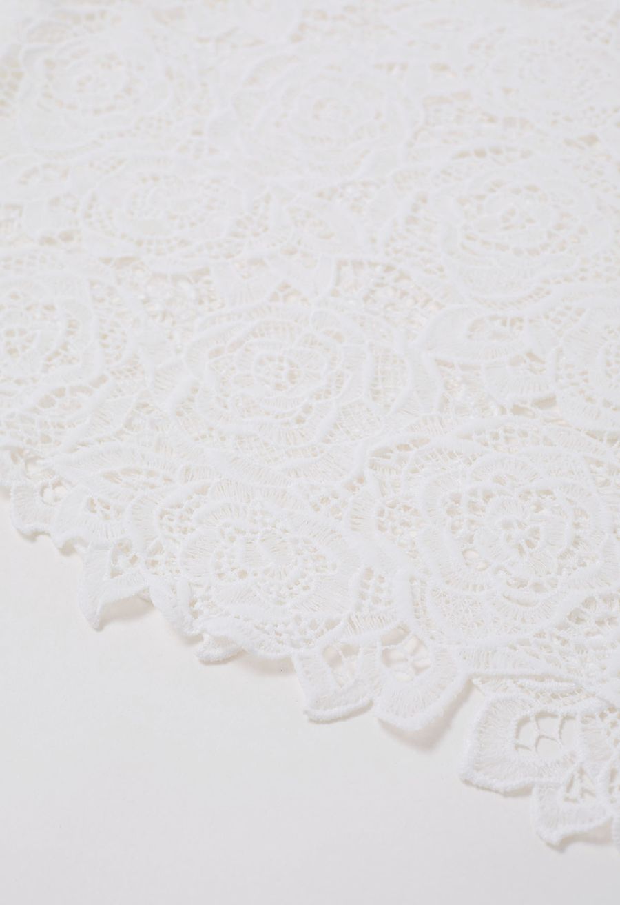 Exquisite Rose Cutwork Lace Maxi Skirt in White