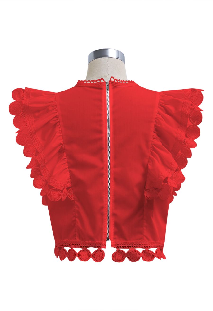 Crochet Trim Sleeveless Cotton Top in Red