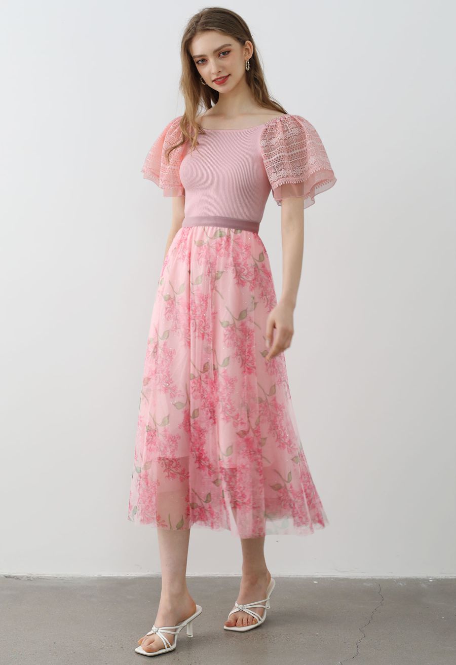 Shimmer Floral Mesh Tulle Midi Skirt in Pink