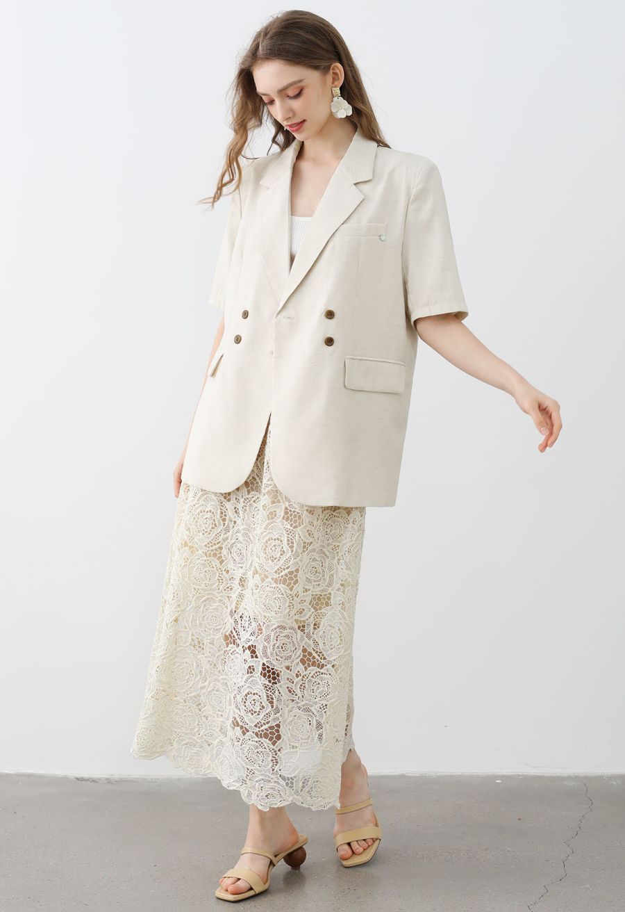 Slit Back Short Sleeve Linen-Blend Blazer in Ivory