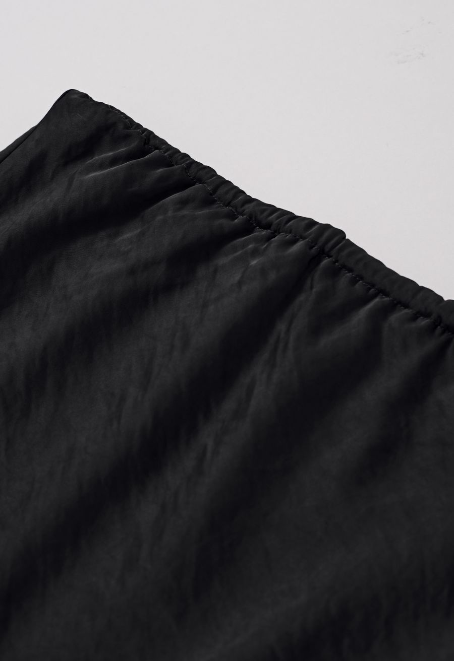 Texture Satin Drawstring Maxi Skirt in Black