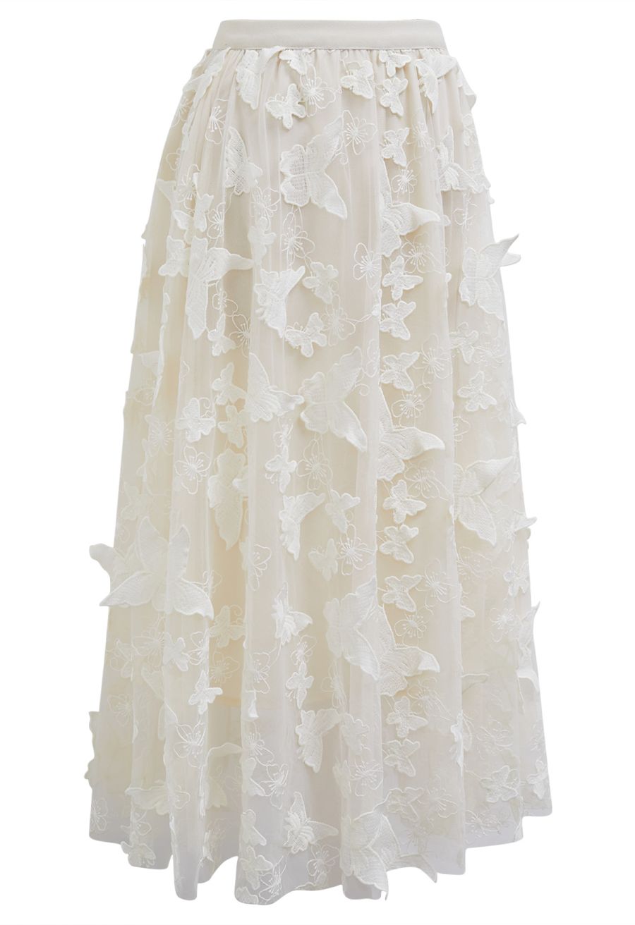 Loveliness 3D Butterfly Embroidered Mesh Tulle Midi Skirt in Cream