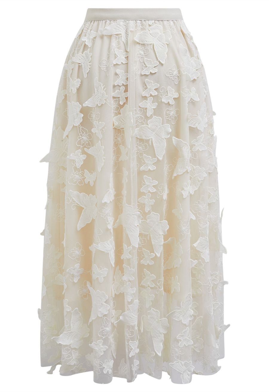 Loveliness 3D Butterfly Embroidered Mesh Tulle Midi Skirt in Cream