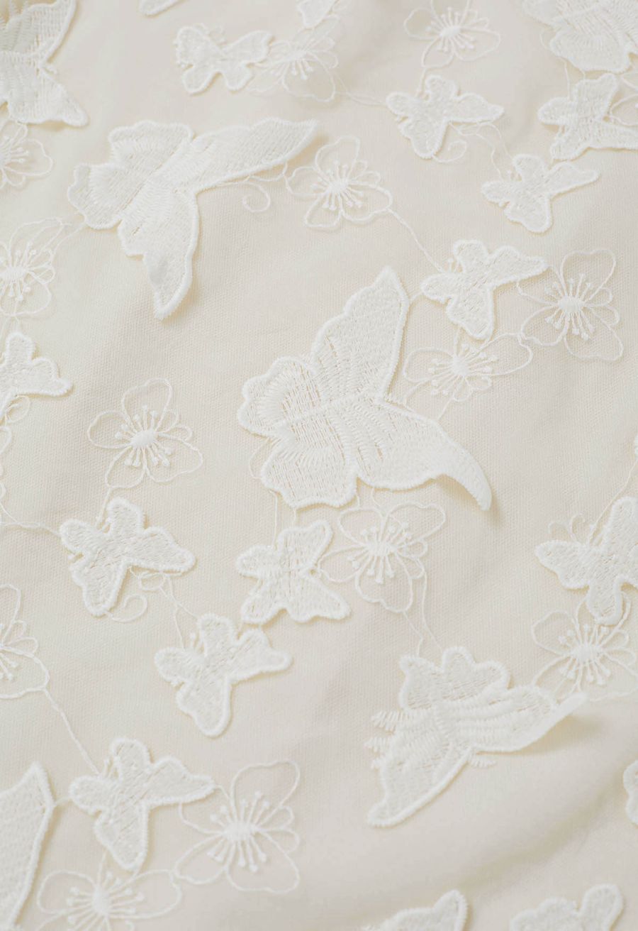 Loveliness 3D Butterfly Embroidered Mesh Tulle Midi Skirt in Cream