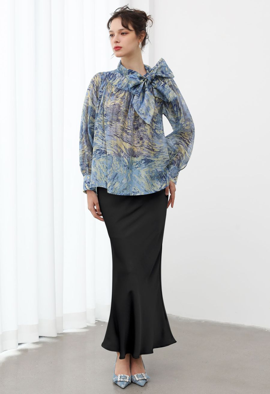 Texture Satin Drawstring Maxi Skirt in Black