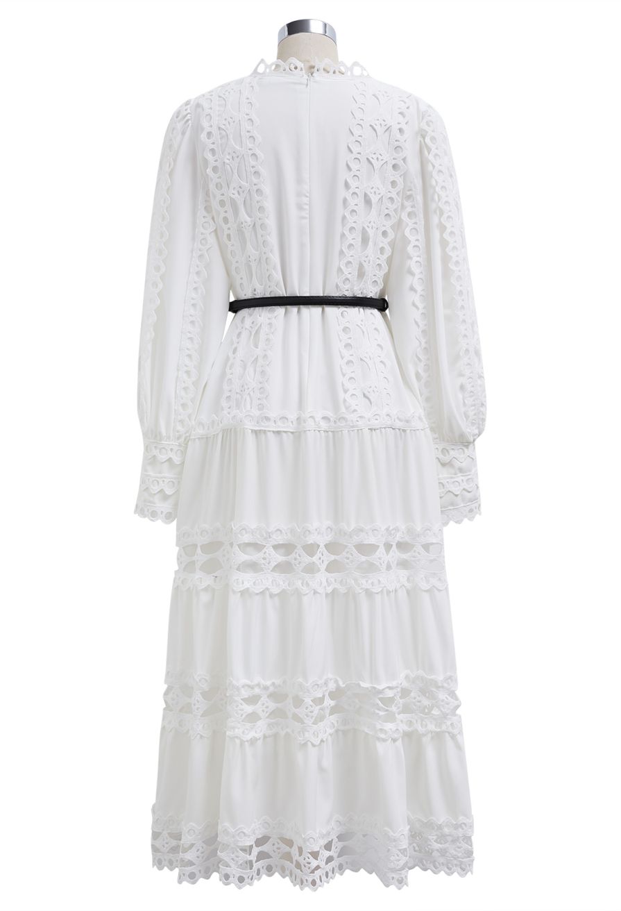 Belted Cutwork Lace Trim Bubble Sleeve Midi Dress in White