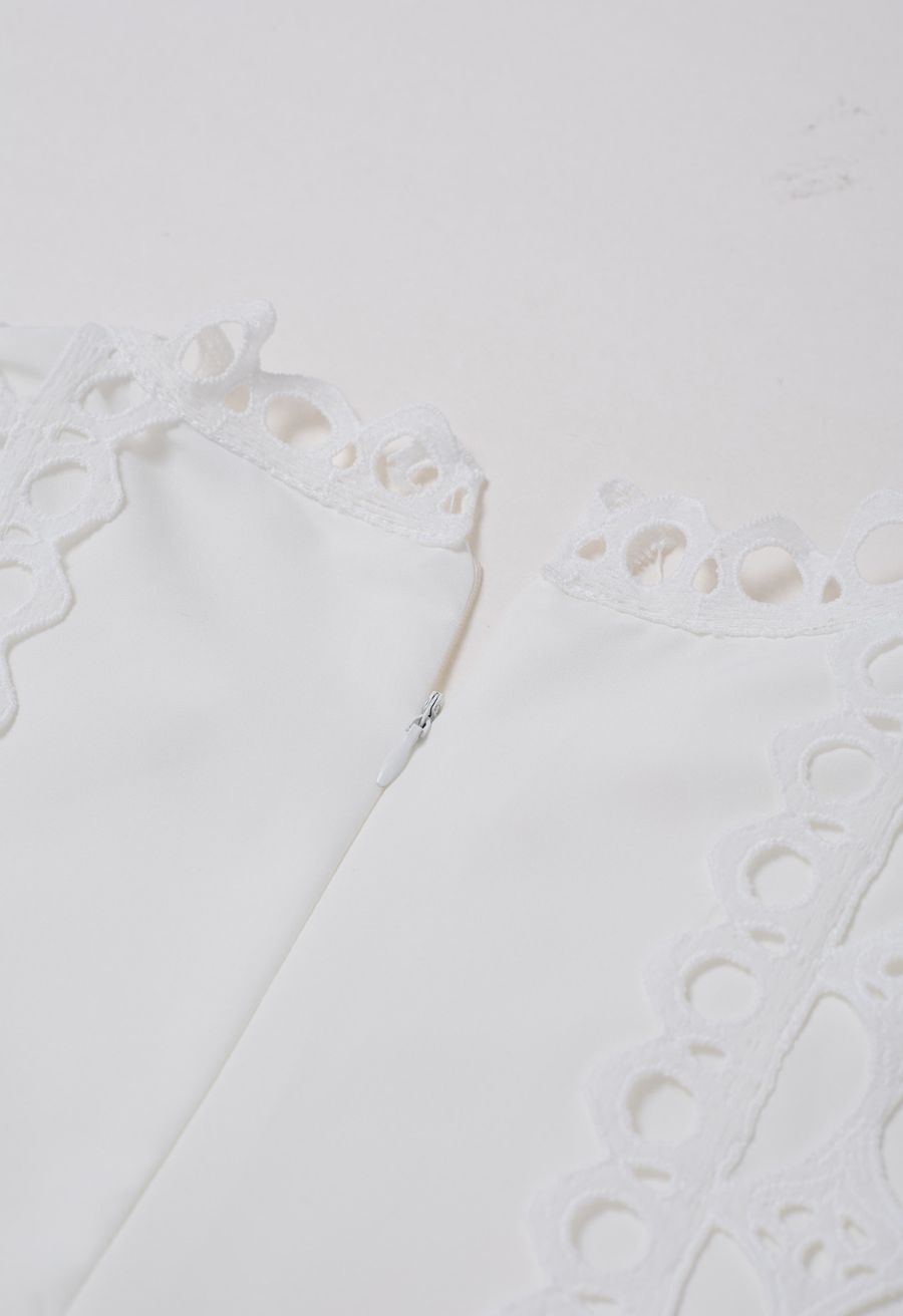 Belted Cutwork Lace Trim Bubble Sleeve Midi Dress in White