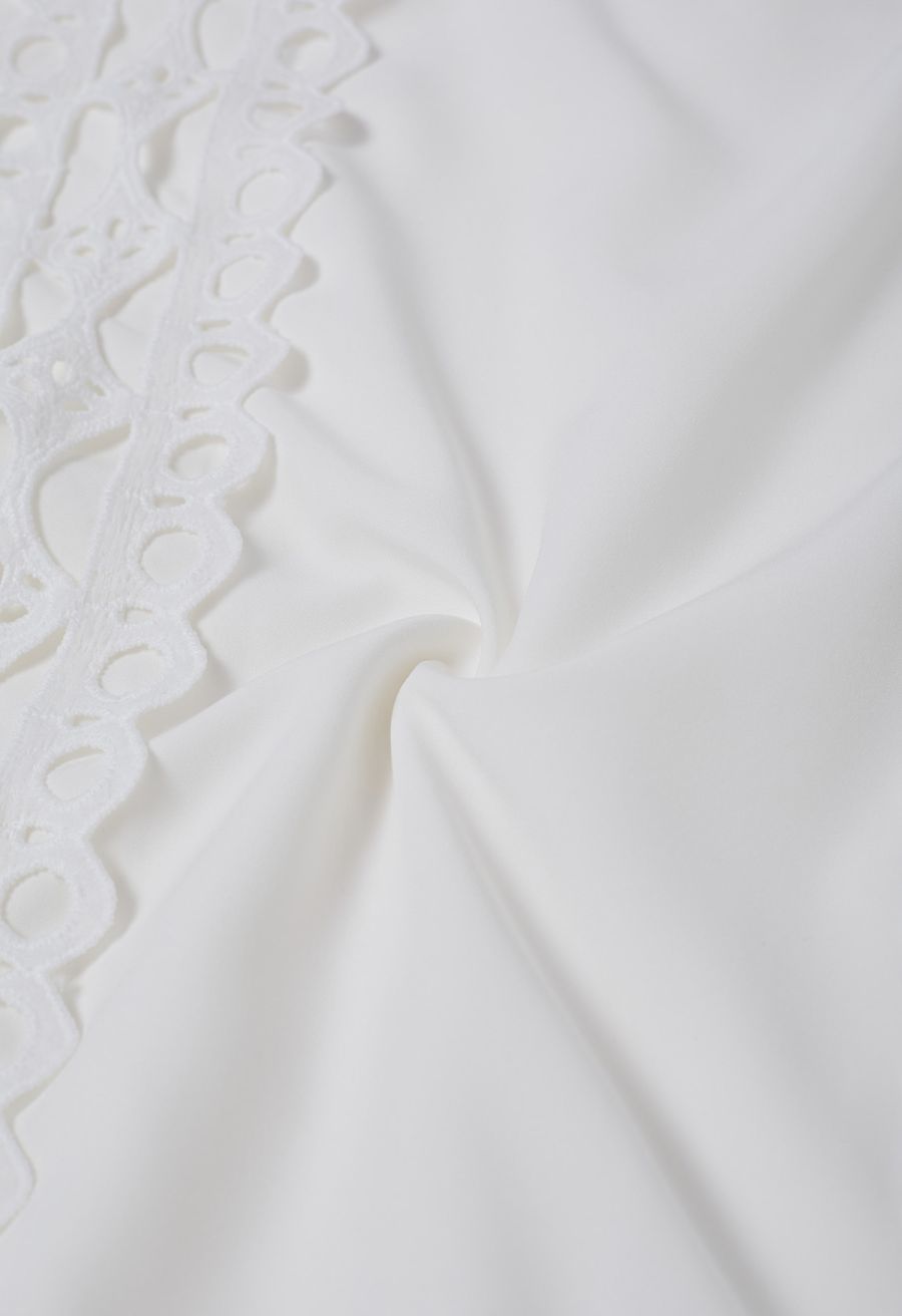 Belted Cutwork Lace Trim Bubble Sleeve Midi Dress in White