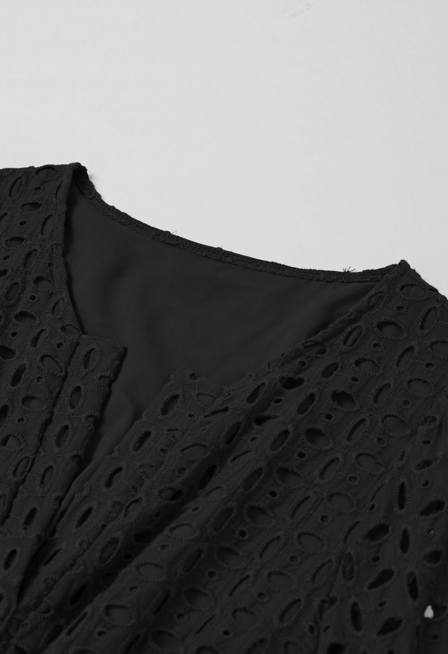 Eyelet Embroidery V-Neck Cotton Dress in Black