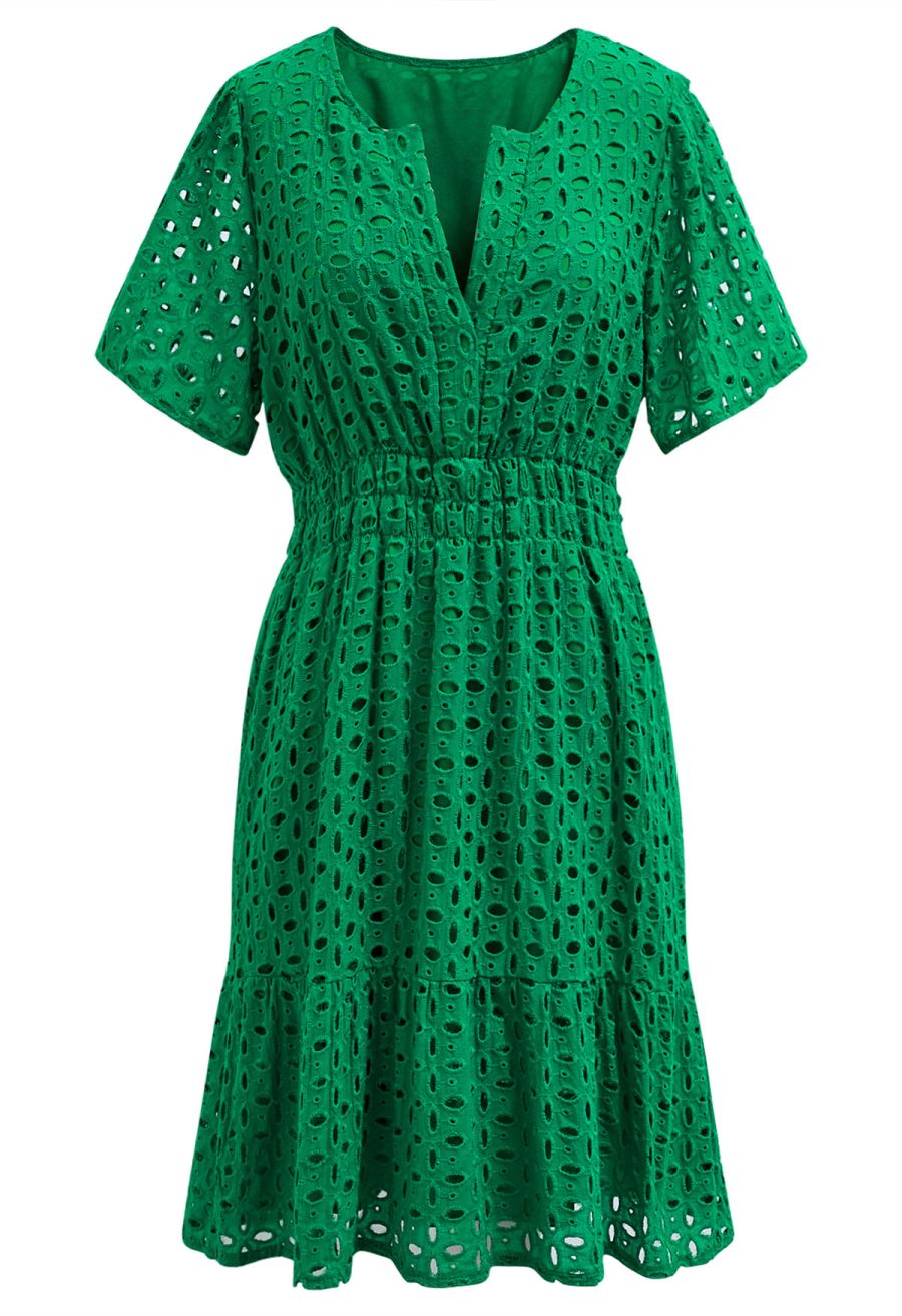 Eyelet Embroidery V-Neck Cotton Dress in Green