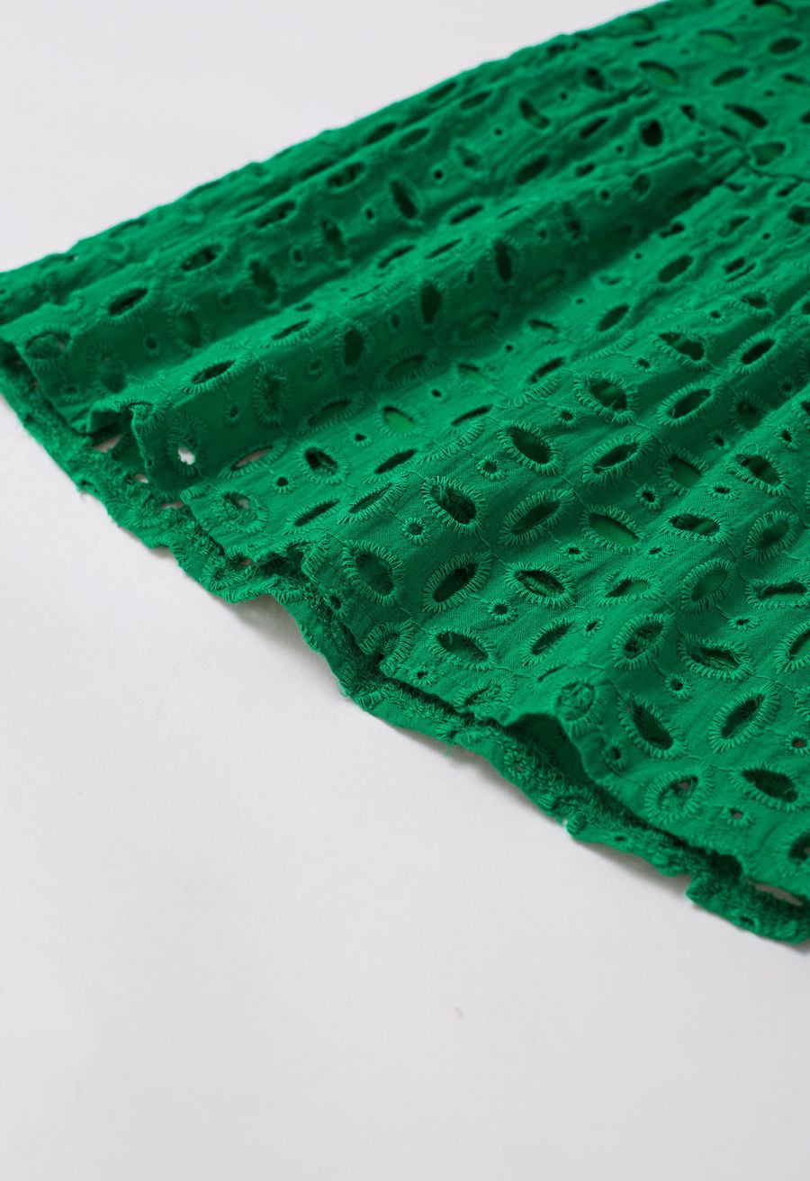 Eyelet Embroidery V-Neck Cotton Dress in Green