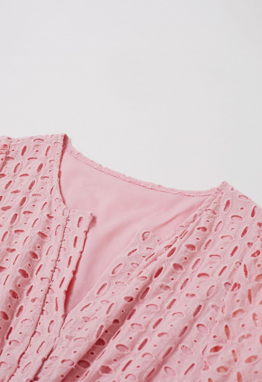 Eyelet Embroidery V-Neck Cotton Dress in Pink