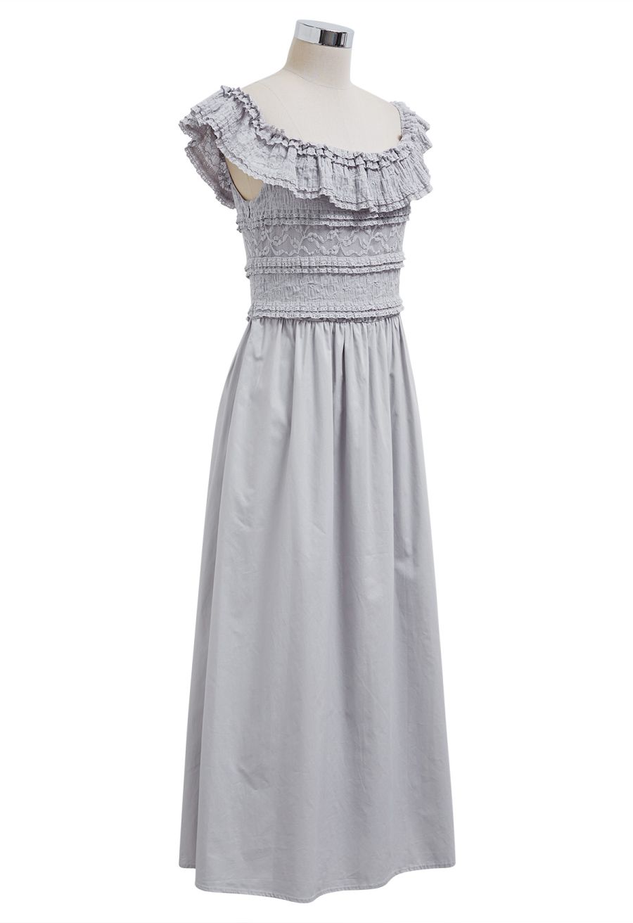 Tiered Lace Off-Shoulder Spliced Dress in Grey