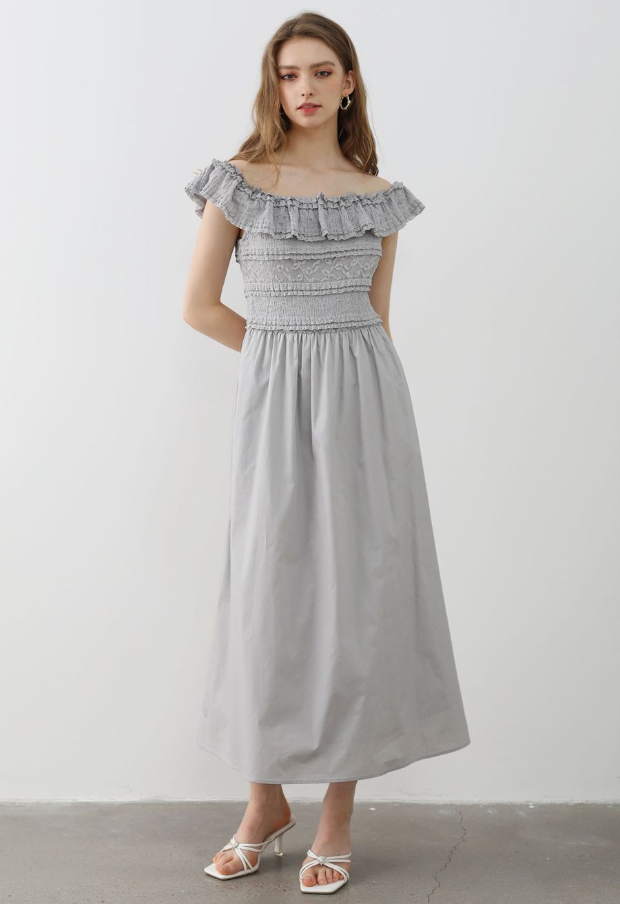 Tiered Lace Off-Shoulder Spliced Dress in Grey