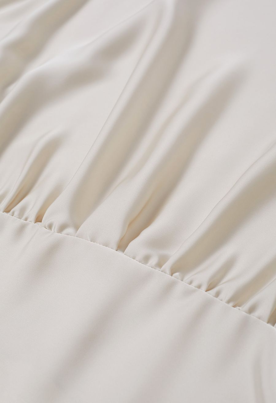 Boat Neck Tie-Waist Satin Top in Ivory