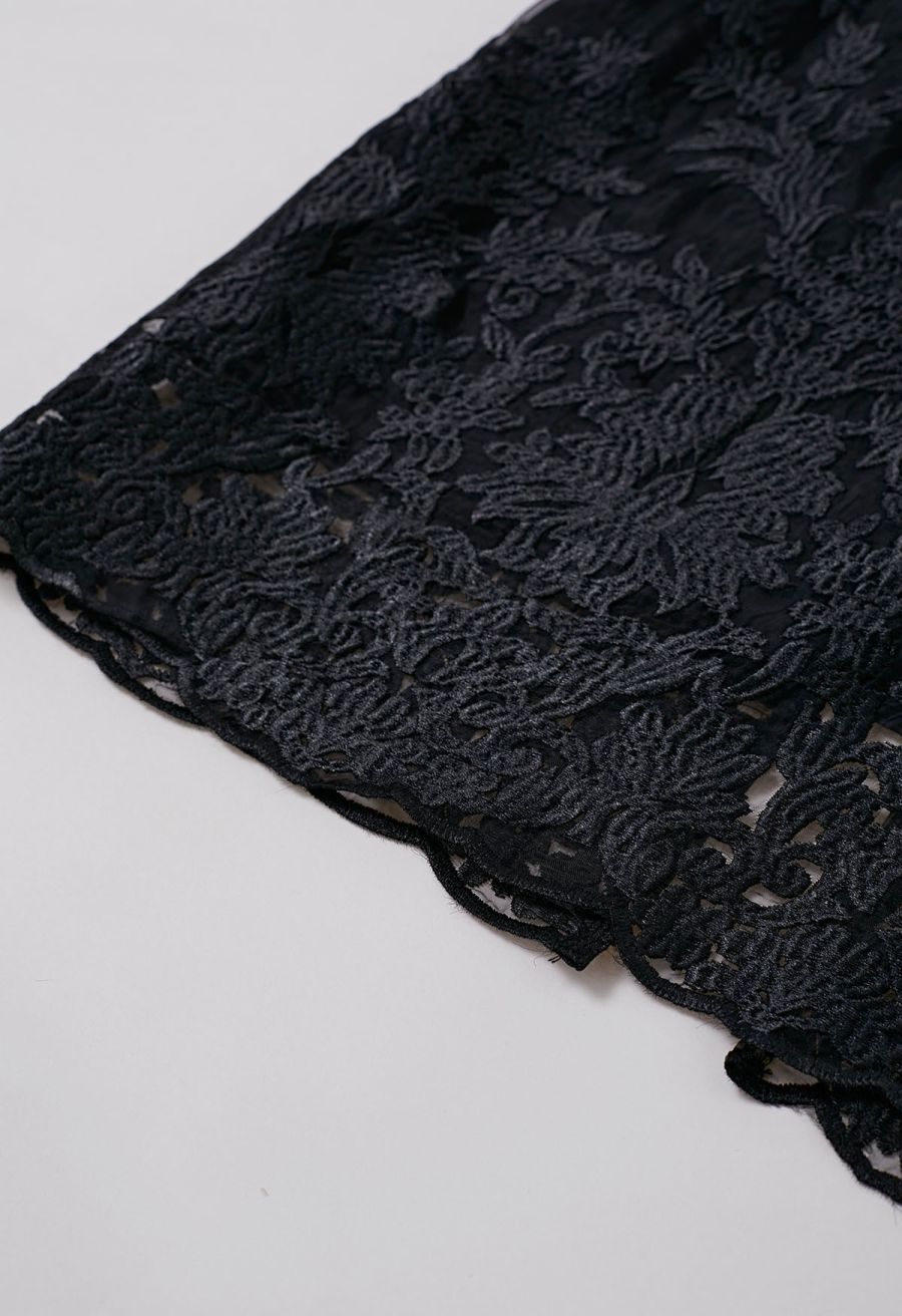 Embroidered Floral Slit Back Midi Skirt in Black