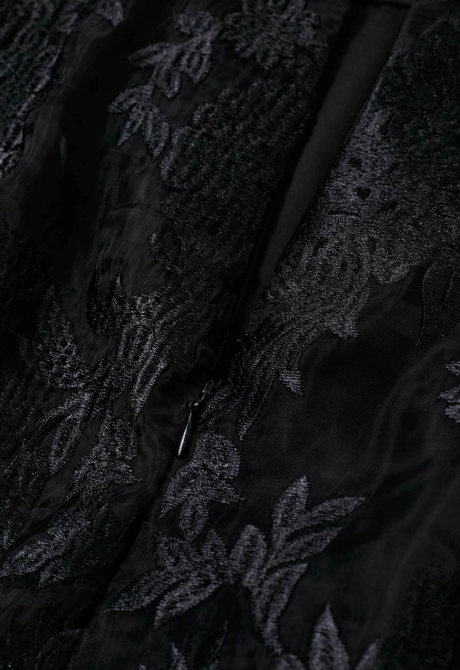 Embroidered Floral Slit Back Midi Skirt in Black