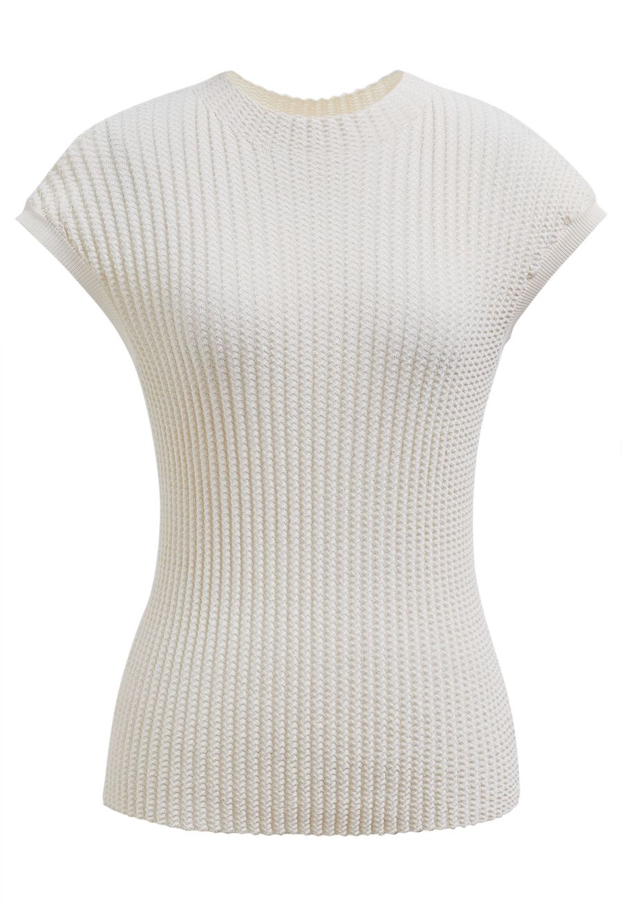 Ribbed Texture Cap Sleeves Top in Cream