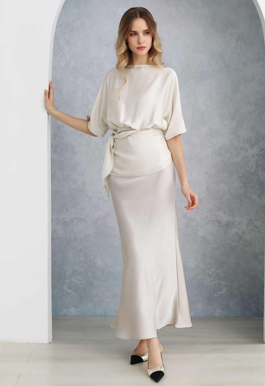 Boat Neck Tie-Waist Satin Top in Ivory