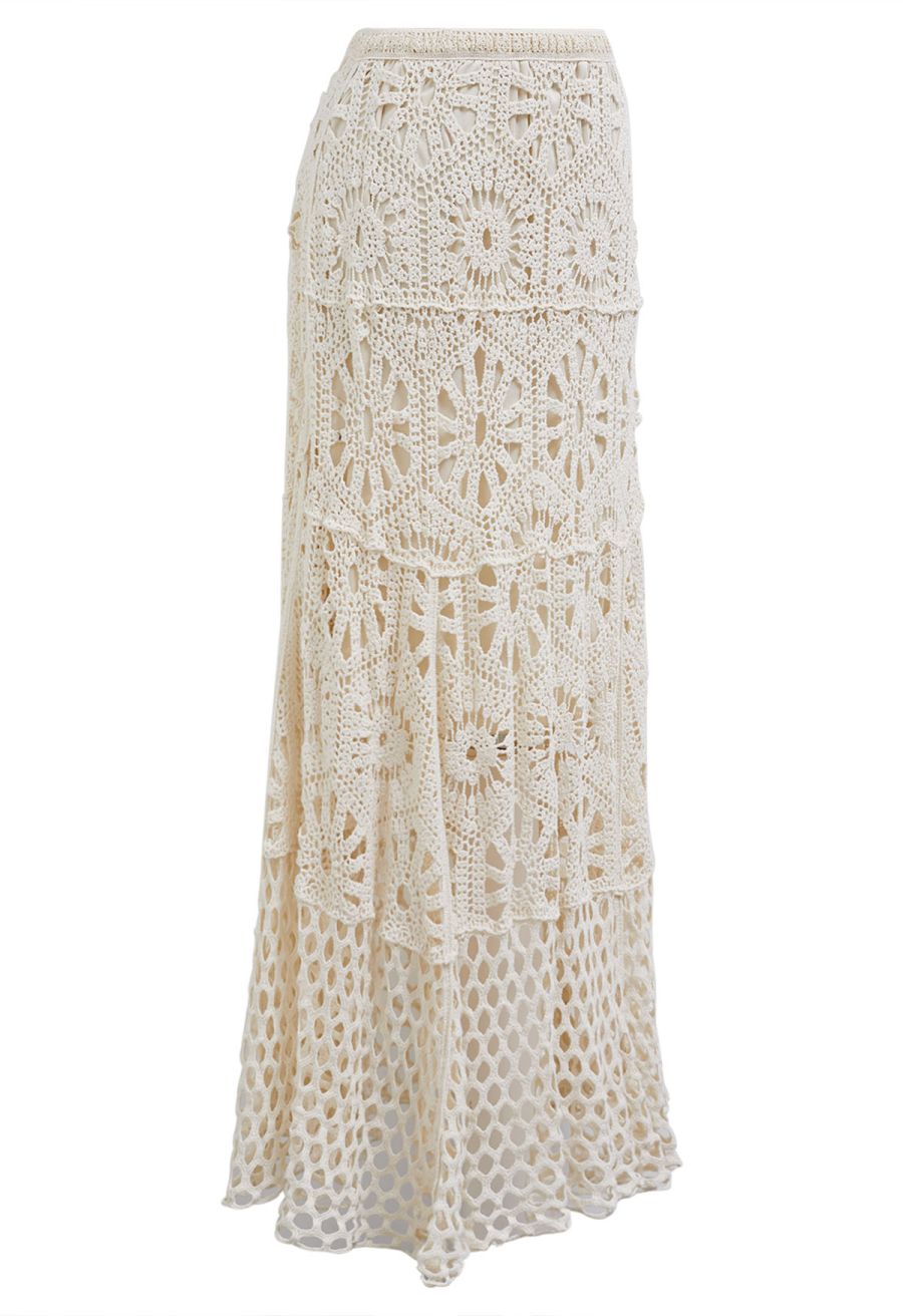 Bohemian Cutwork Crochet Maxi Skirt in Sand