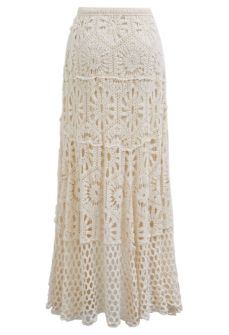 Bohemian Cutwork Crochet Maxi Skirt in Sand