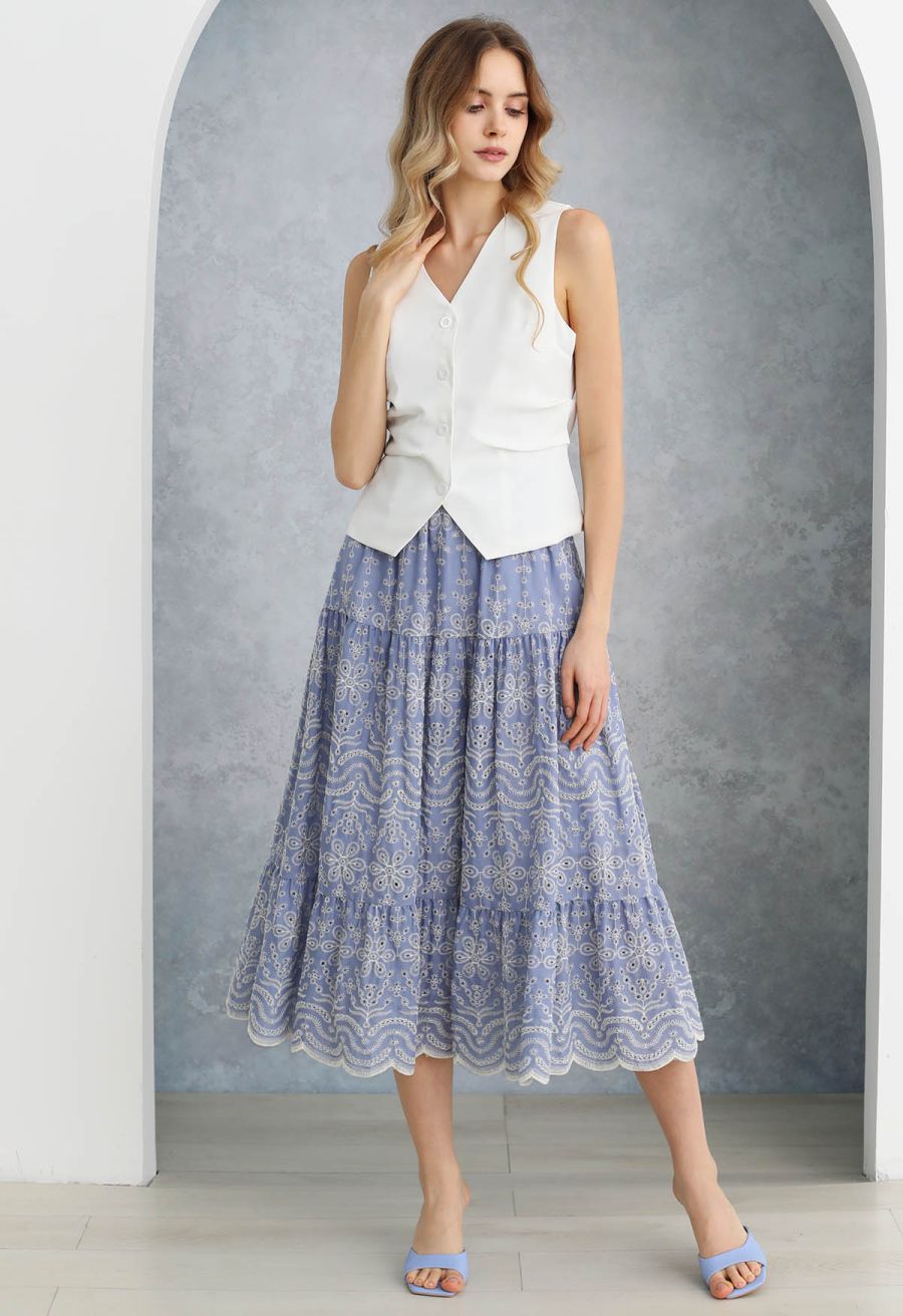 Chic Blue Embroidered Floral Midi Skirt