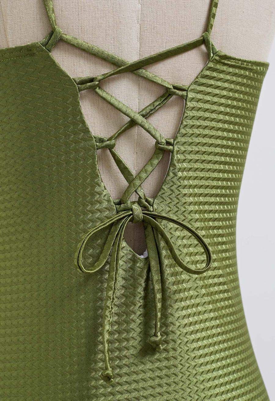 Resin Beads Halter Neck Texture Swimsuit in Army Green