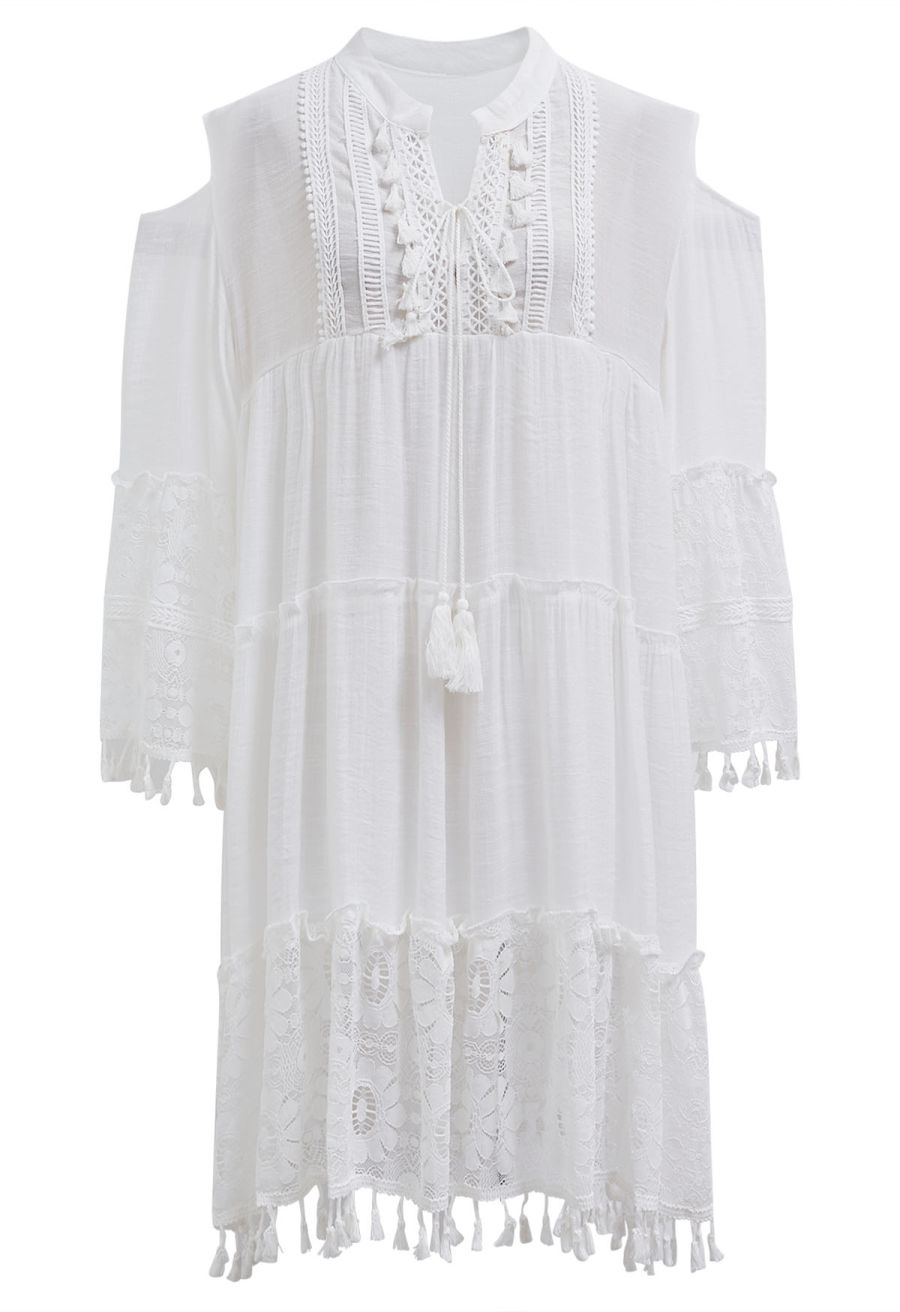 Cutwork Lace Tassel Trim Dolly Dress in White