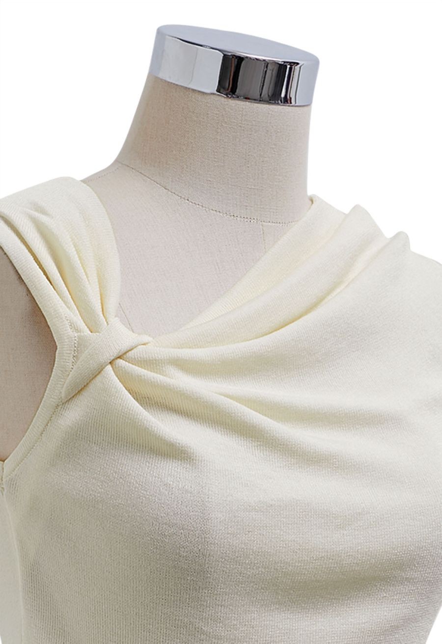 Side Knot Ruched Sleeveless Knit Top in Cream