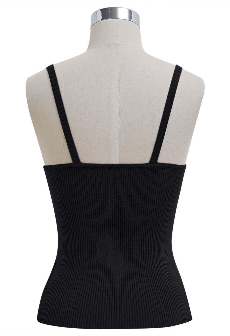 Button Decorated Ribbed Knit Tank Top in Black