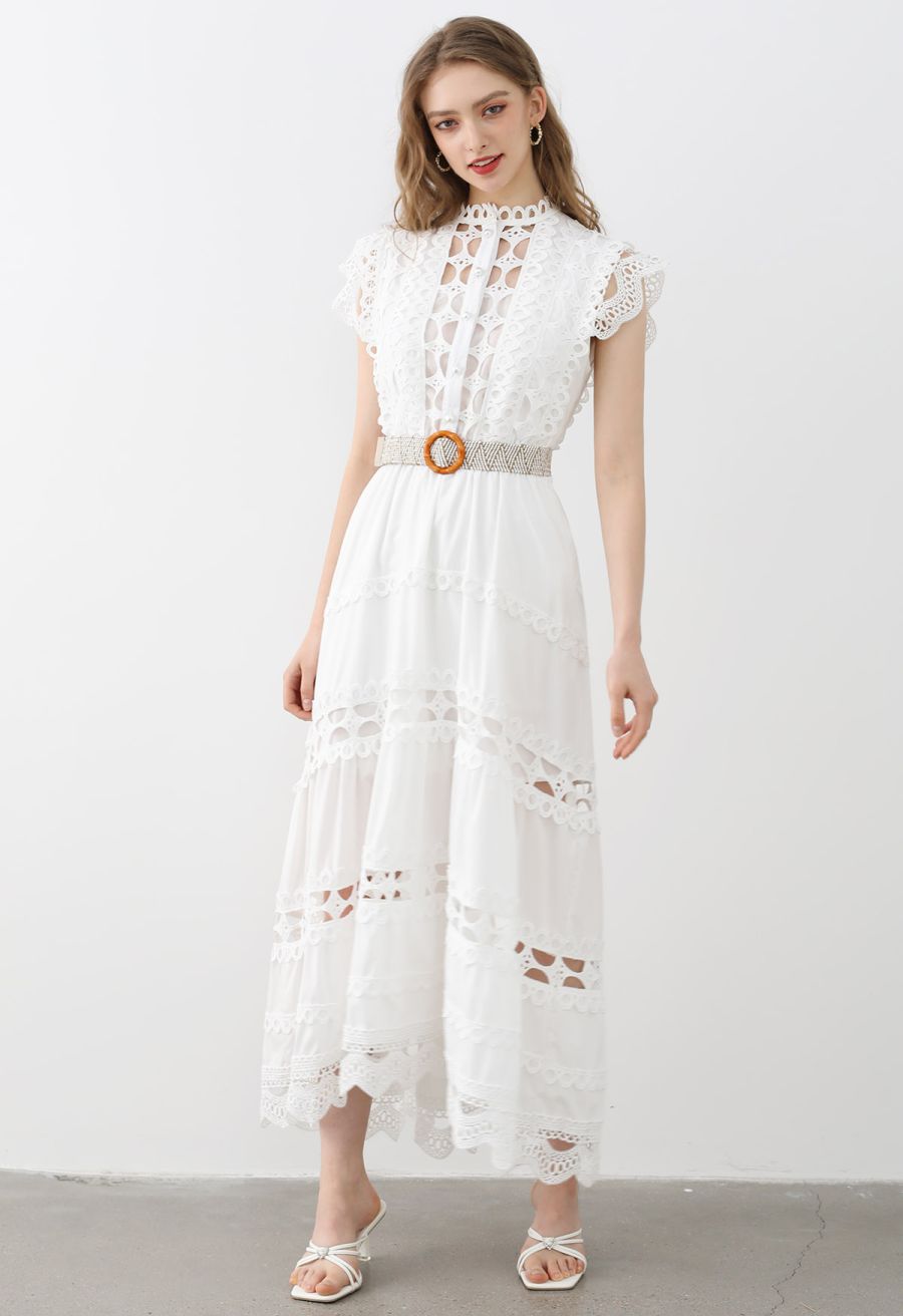 Belted Cutwork Pearly Sleeveless Maxi Dress in White