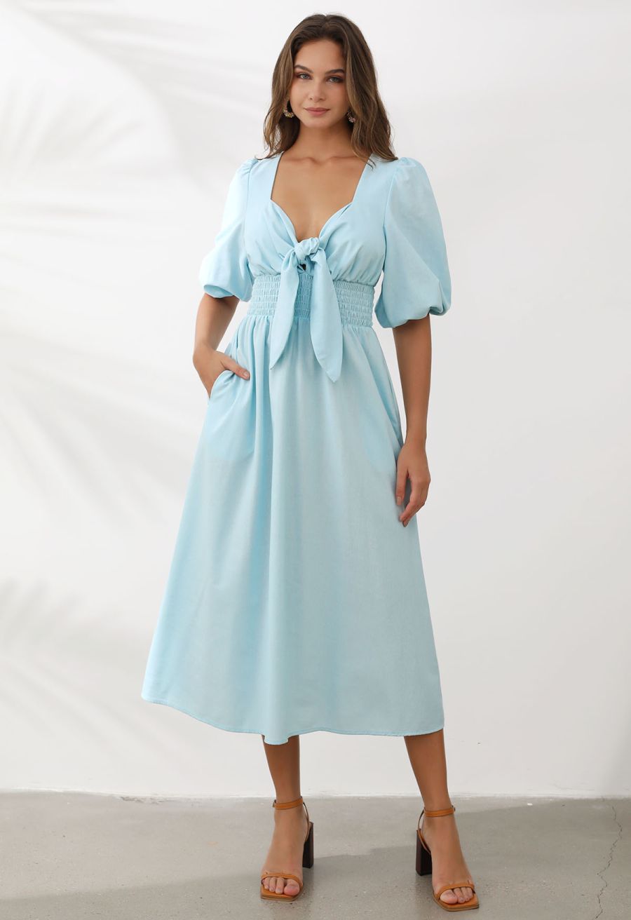 Self-Tie Knot Puff Sleeve Linen-Blend Dress