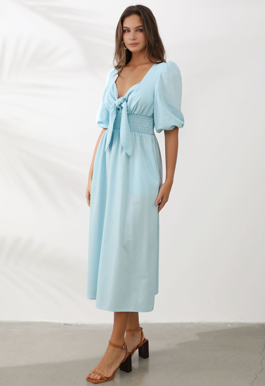 Self-Tie Knot Puff Sleeve Linen-Blend Dress
