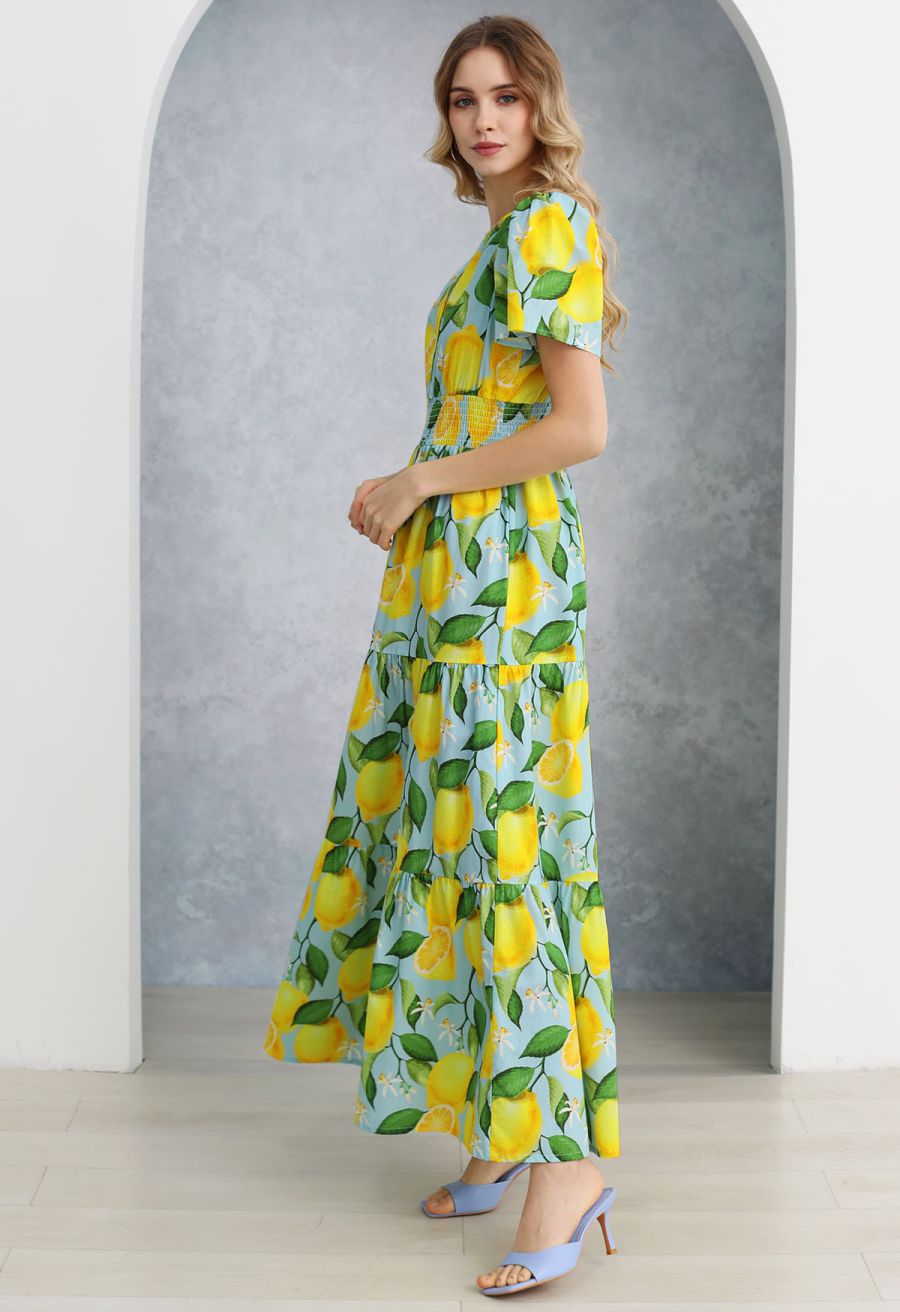 Zesty Yellow Lemon Printed Maxi Dress