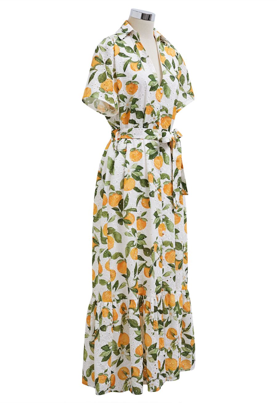 Orange Printed Embroidered Eyelet Frilling Dress in White