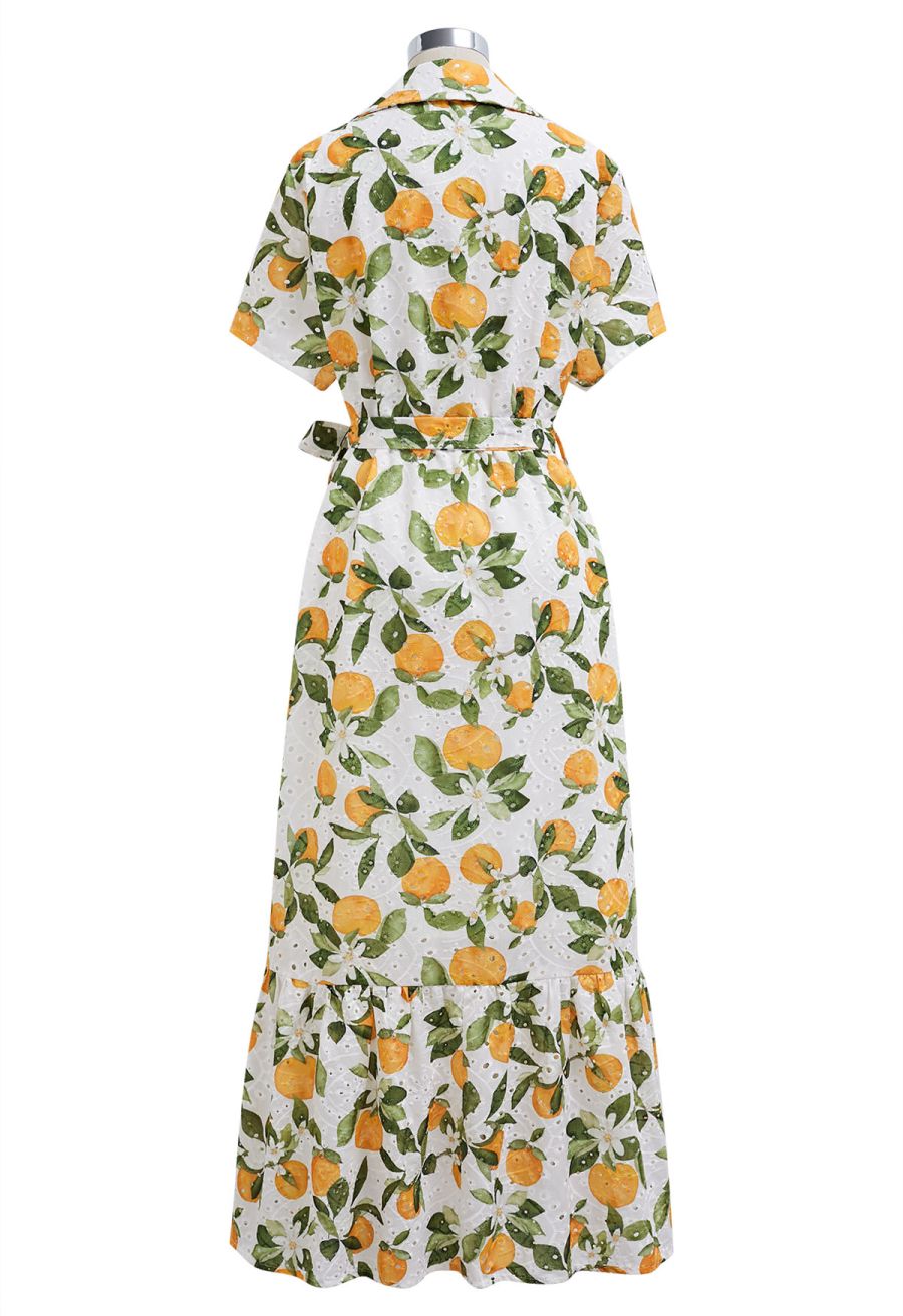 Orange Printed Embroidered Eyelet Frilling Dress in White