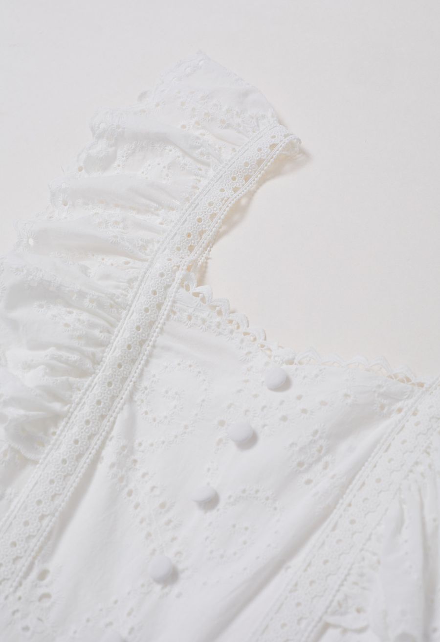 Sweetheart Neckline Eyelet Embroidery Maxi Dress in White