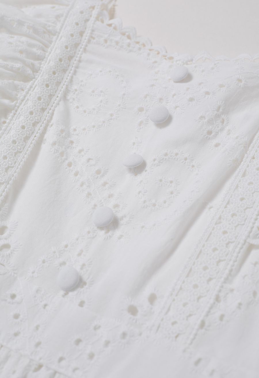 Sweetheart Neckline Eyelet Embroidery Maxi Dress in White