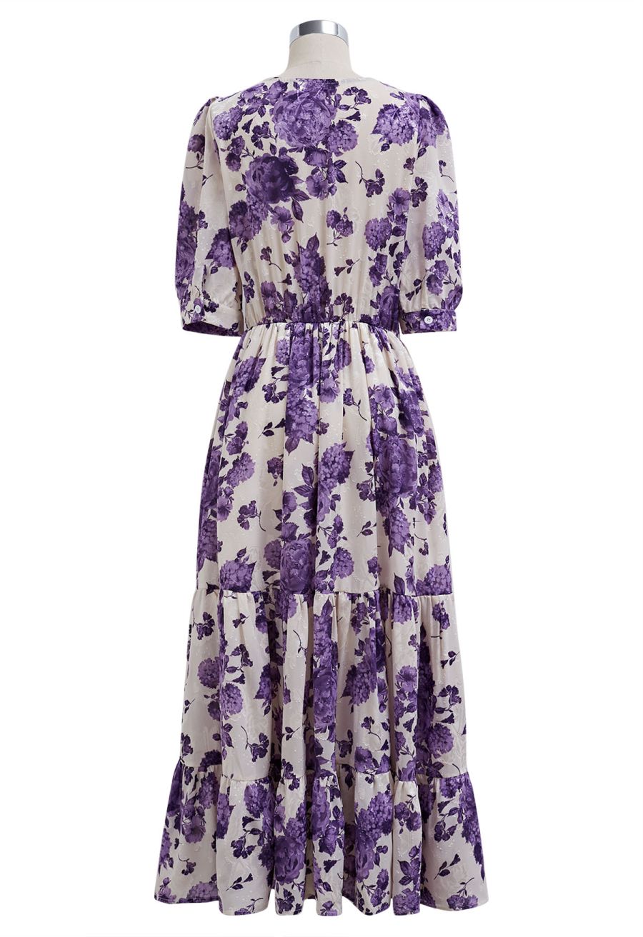 Purple Floral Jacquard Frilling Wrapped Dress