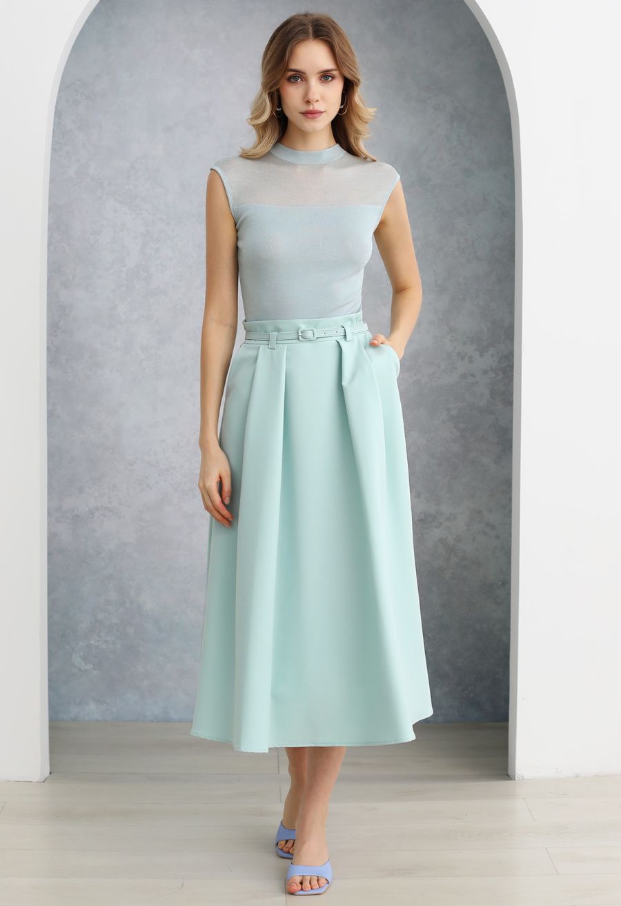 Mock Neck Sleeveless Slim Fit Knit Top in Mint