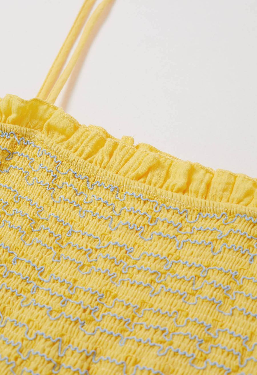Floret Embroidery Tie-Shoulder Shirred Dress in Yellow