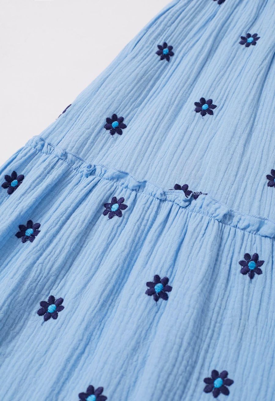 Floret Embroidery Tie-Shoulder Shirred Dress in Blue