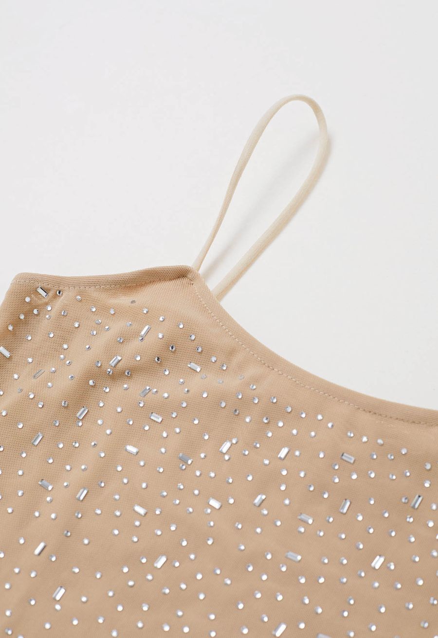 Rhinestone Embellished Bodycon Mesh Maxi Dress in Tan