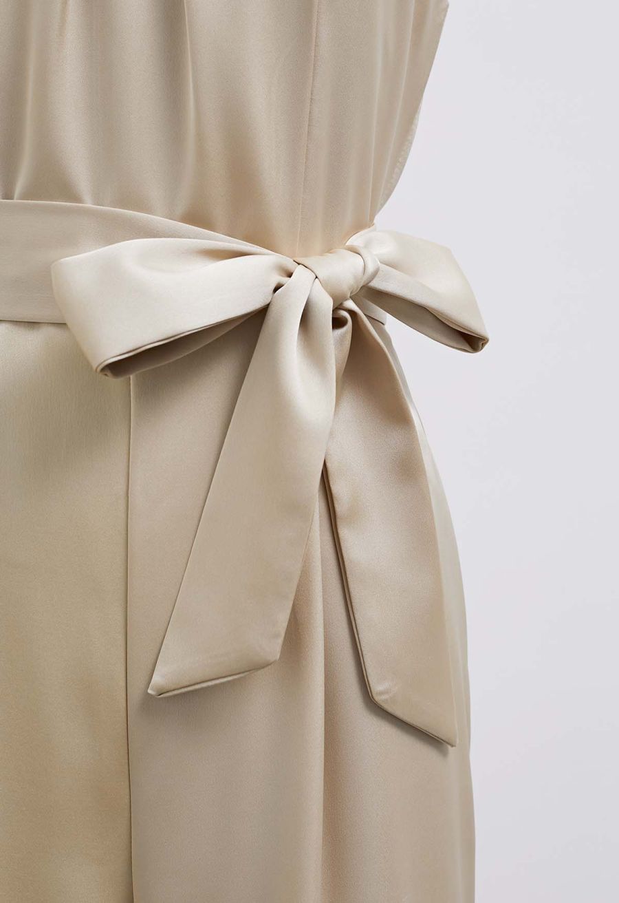 Satin Tie-Waist Pearly Halter Jumpsuit in Sand